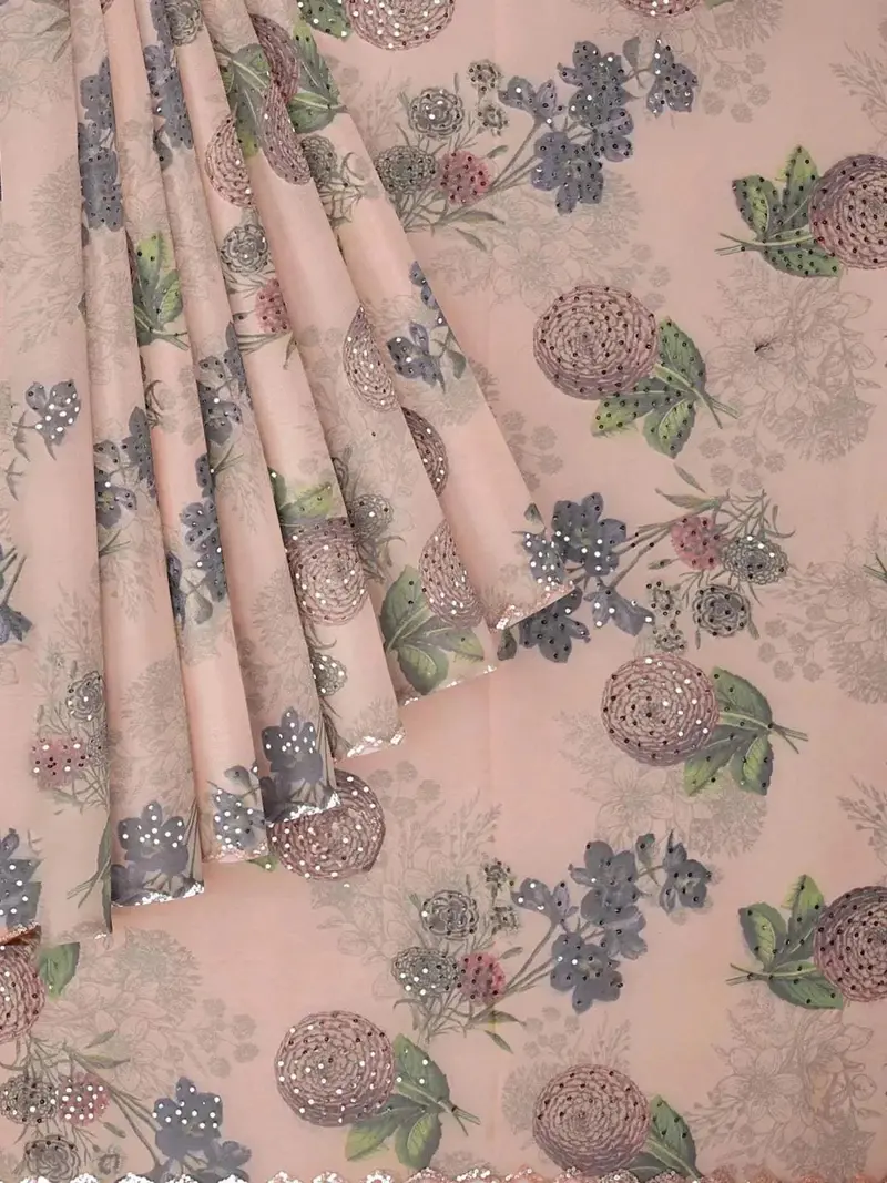 Peach Organza Silk Saree With Floral Prints On The Body And Sequins Border 1