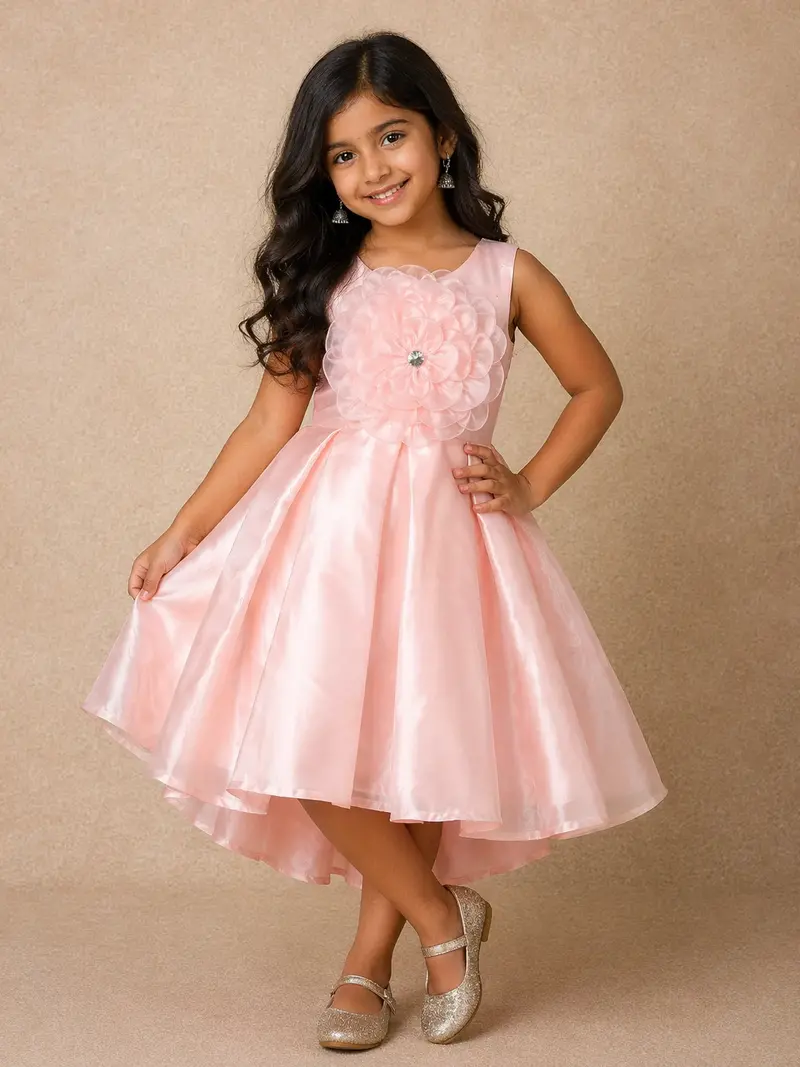 Peach Oversized Floral Satin Kids Gown 1