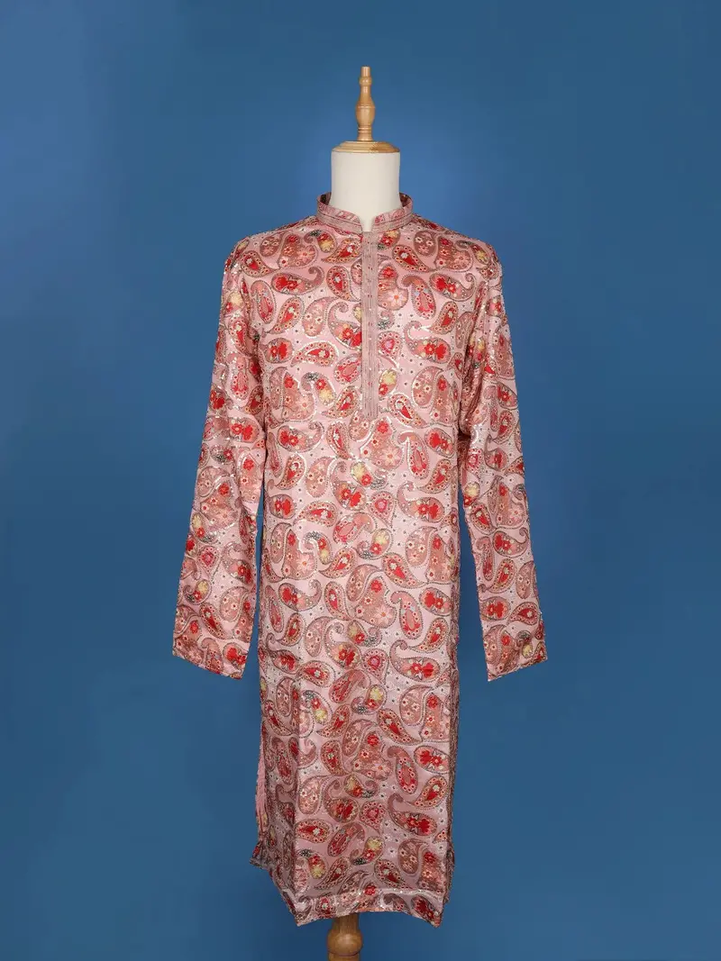 Peach Paisley And Sequins Embroidery Semi Silk Kurta Set With Pant 1