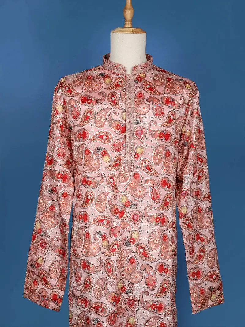 Peach Paisley And Sequins Embroidery Semi Silk Kurta Set With Pant 2