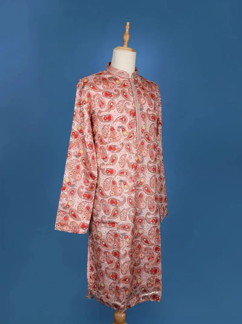 Peach Paisley And Sequins Embroidery Semi Silk Kurta Set With Pant 3