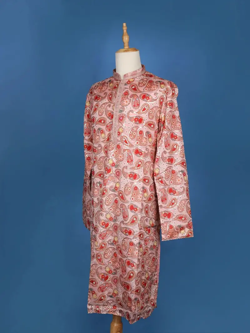 Peach Paisley And Sequins Embroidery Semi Silk Kurta Set With Pant 4