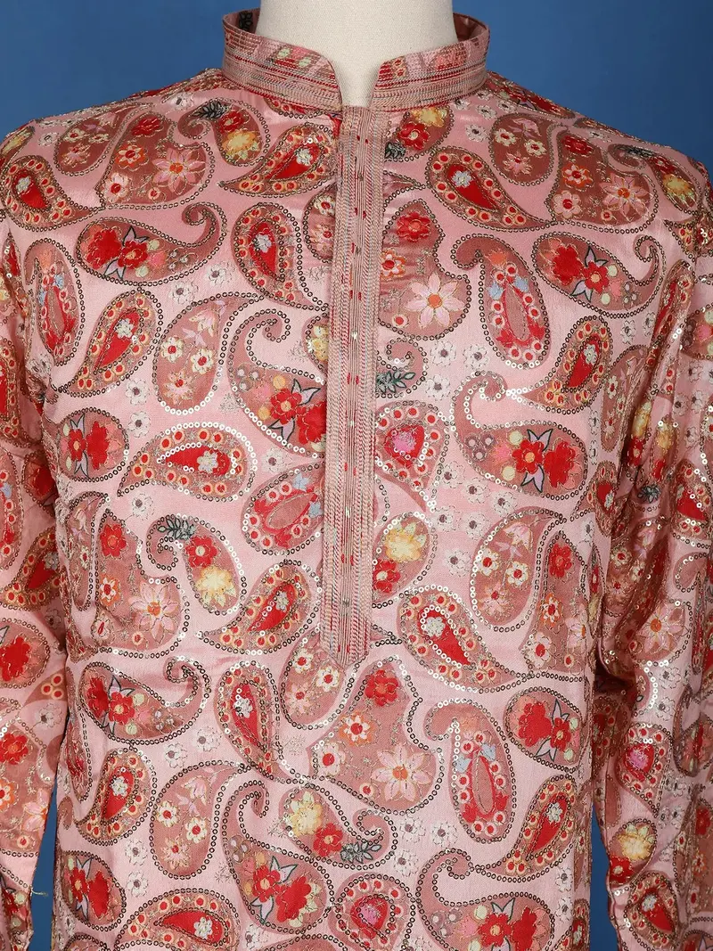 Peach Paisley And Sequins Embroidery Semi Silk Kurta Set With Pant 5