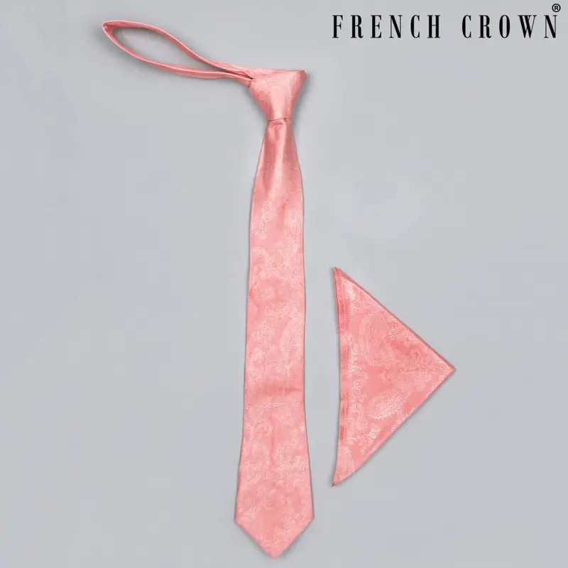 Peach Paisley Jacquard Tie With Free Pocket Square 1