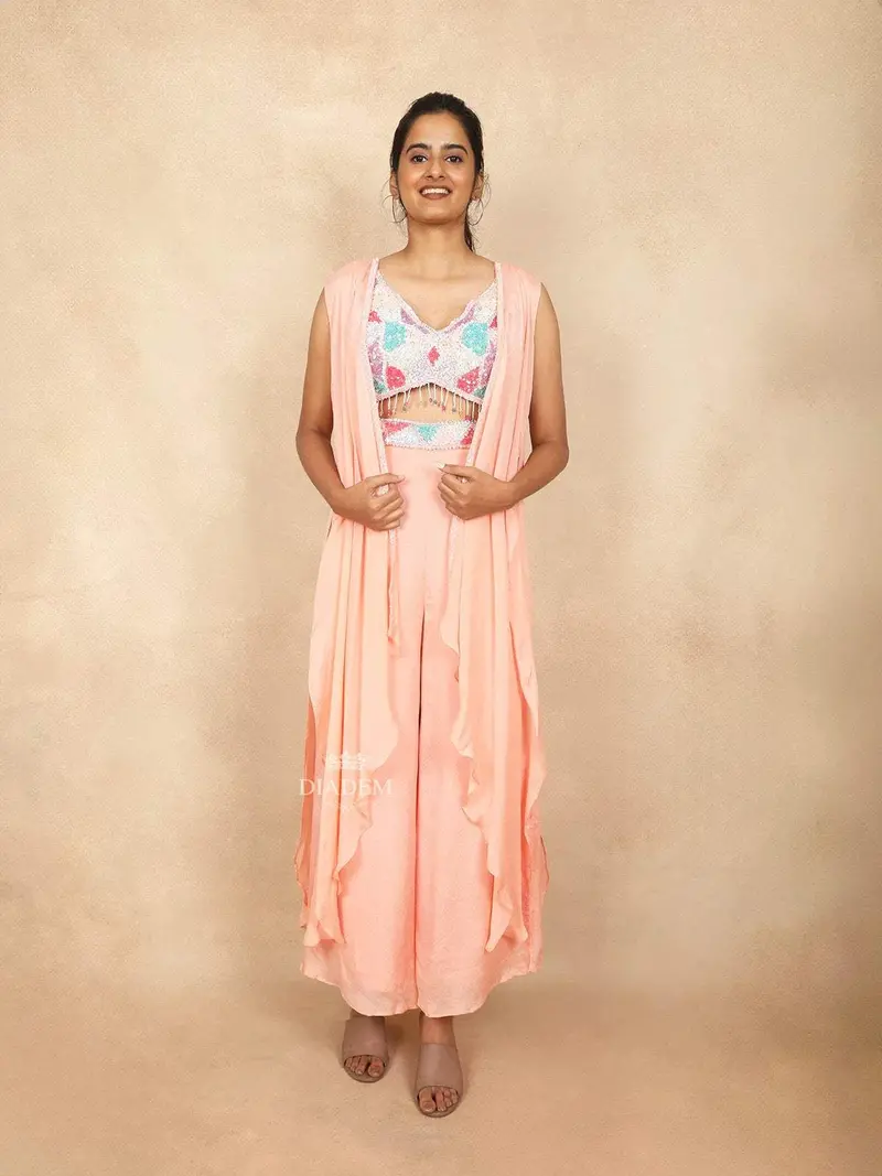 Peach Palazzo Salwar Suit Embellished With Sequins And Beads Design And Paired With Dupatta 1