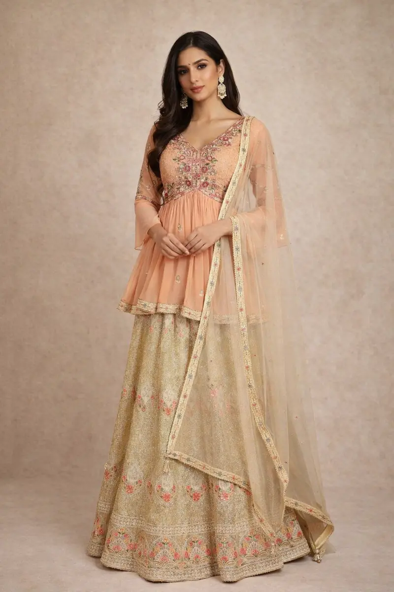 Peach Palazzo Salwar Suit For Girls Adorned With Floral Embroidery, Paired With Dupatta And Bell Sleeve 1