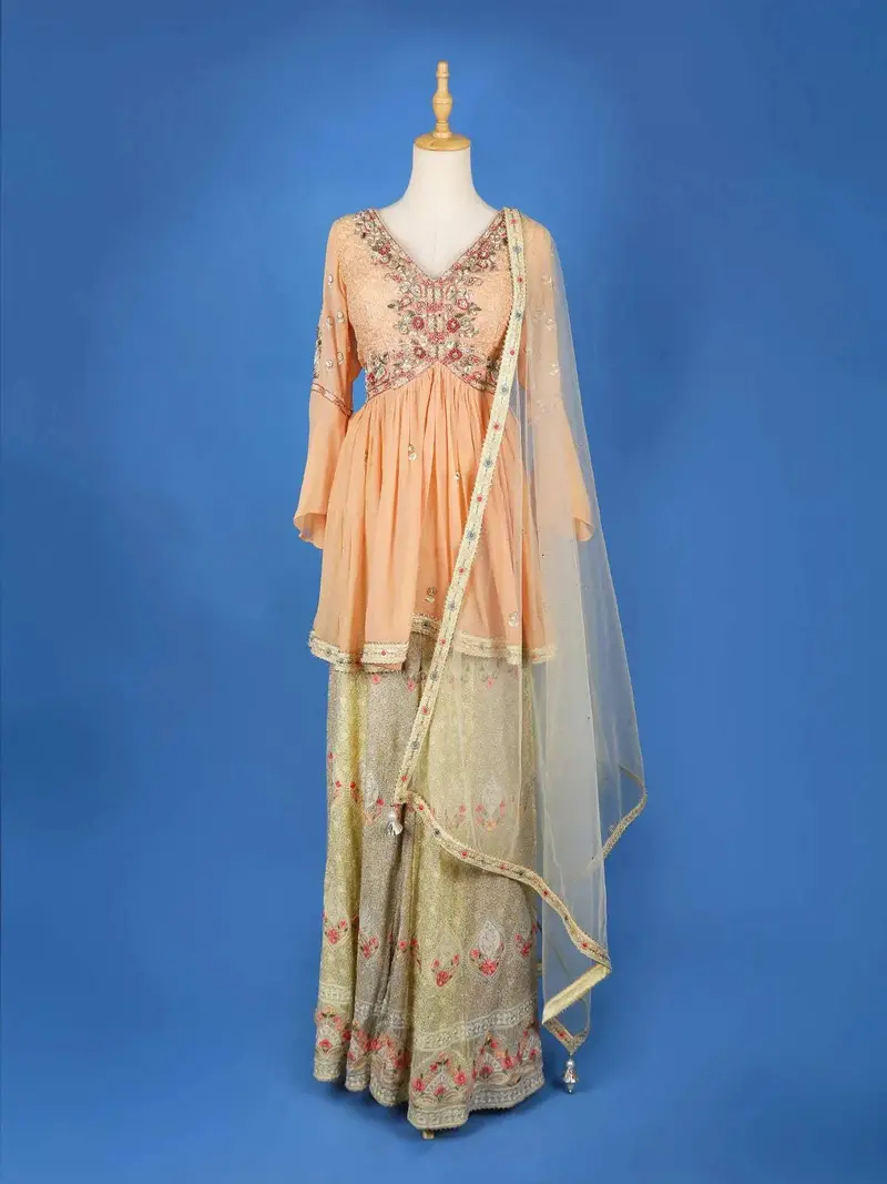 Peach Palazzo Salwar Suit For Girls Adorned With Floral Embroidery, Paired With Dupatta And Bell Sleeve 2