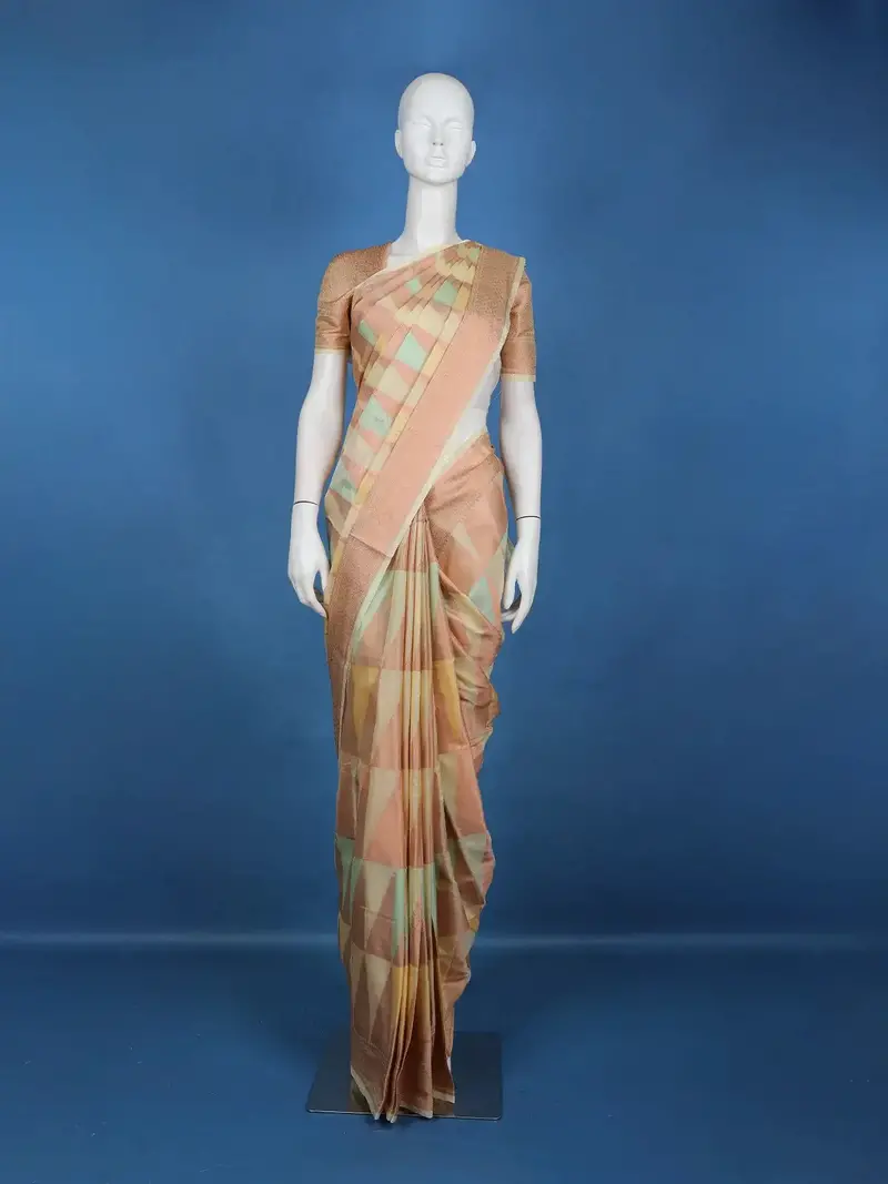 Peach Pastel Geometric Design Semi Tissue Saree 1