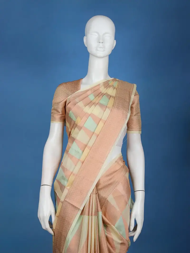 Peach Pastel Geometric Design Semi Tissue Saree 2