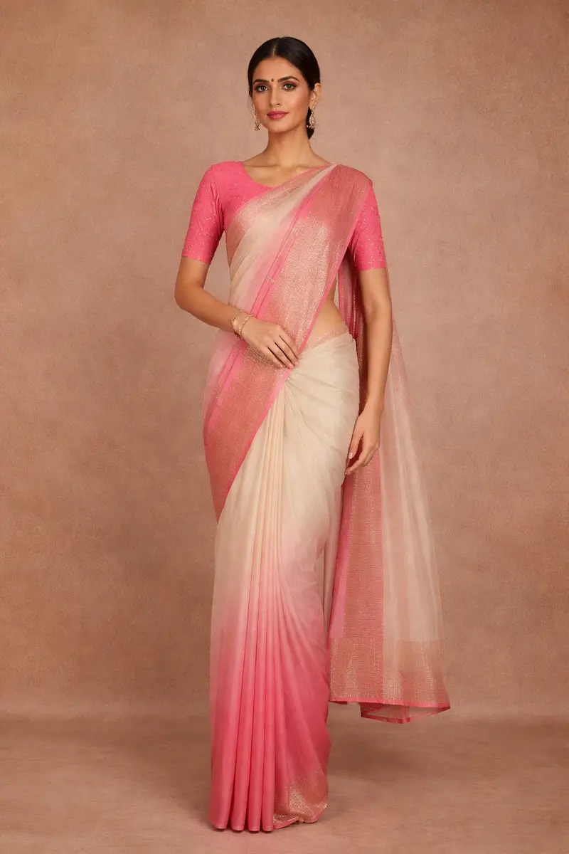 Peach Pink And Cream Ombre Sequin Embellished Chiffon Saree 1