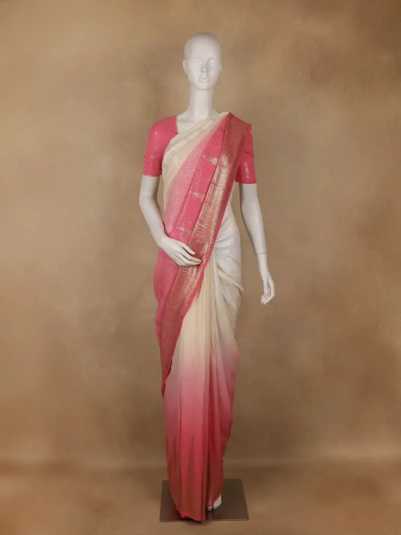 Peach Pink And Cream Ombre Sequin Embellished Chiffon Saree 2