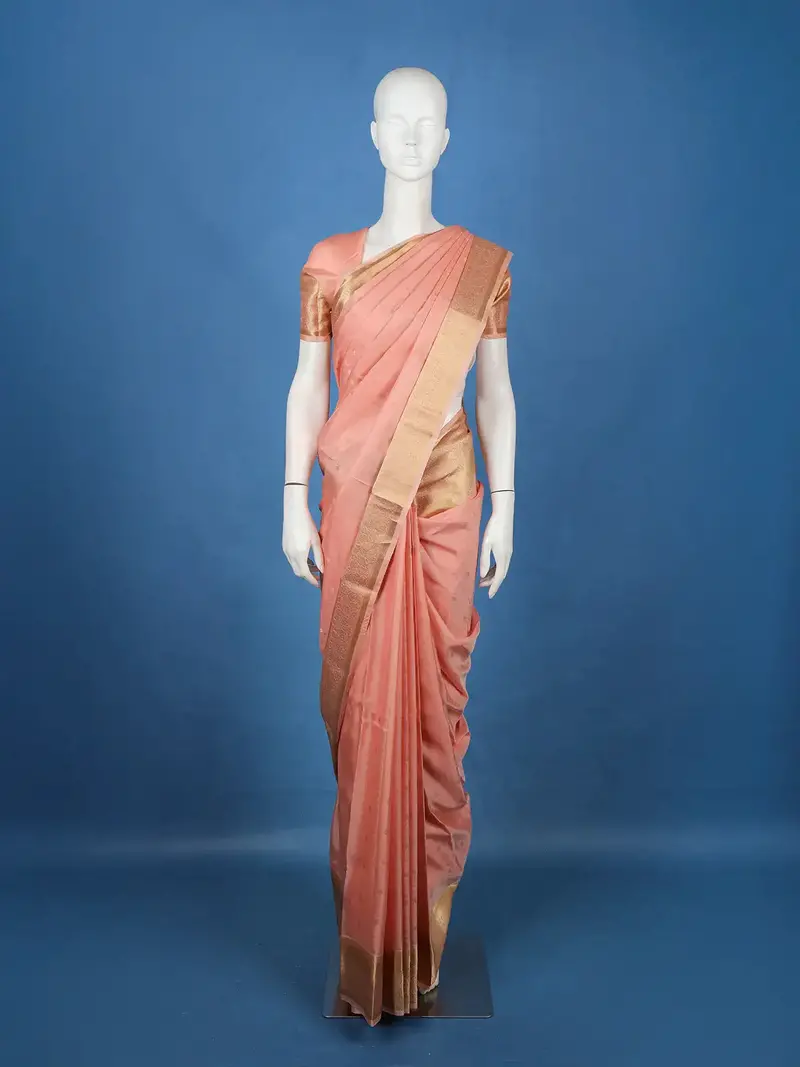 Peach Pink Butta Woven Design Pure Kanchipuram Silk Saree 1