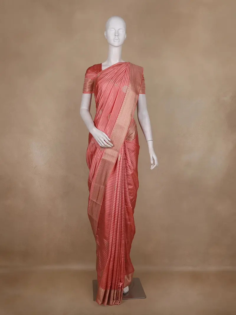 Peach Pink Butta Woven Design Semi Banarasi Saree Wit Zari Border 1