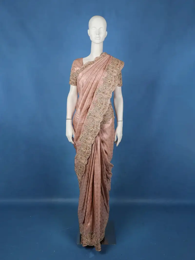 Peach Pink Butta Woven Tissue Banarasi Saree With Heavy Border 1