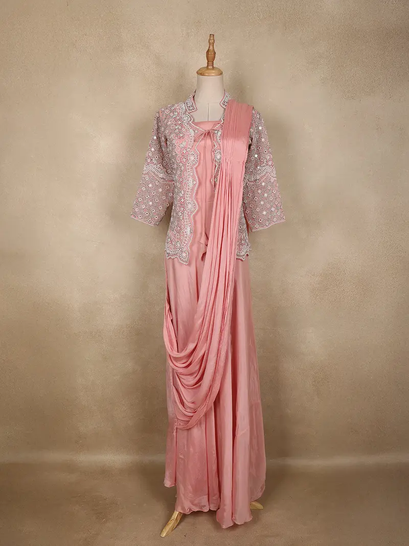 Peach Pink Embroidered Design Jacket Georgette Gown With Draped Dupatta 1