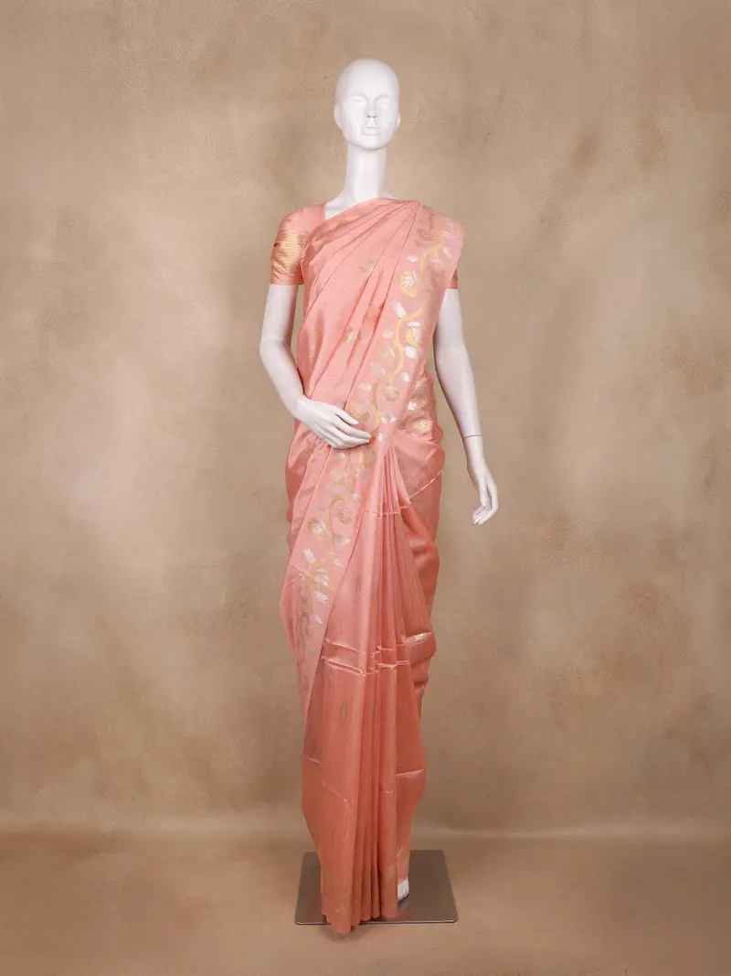 Peach Pink Floral Butta Woven Design Semi Tussar Saree 1