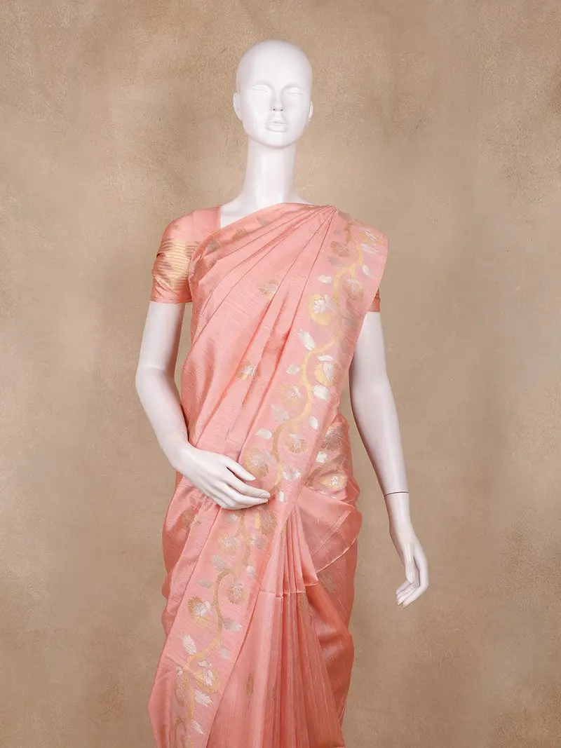 Peach Pink Floral Butta Woven Design Semi Tussar Saree 2