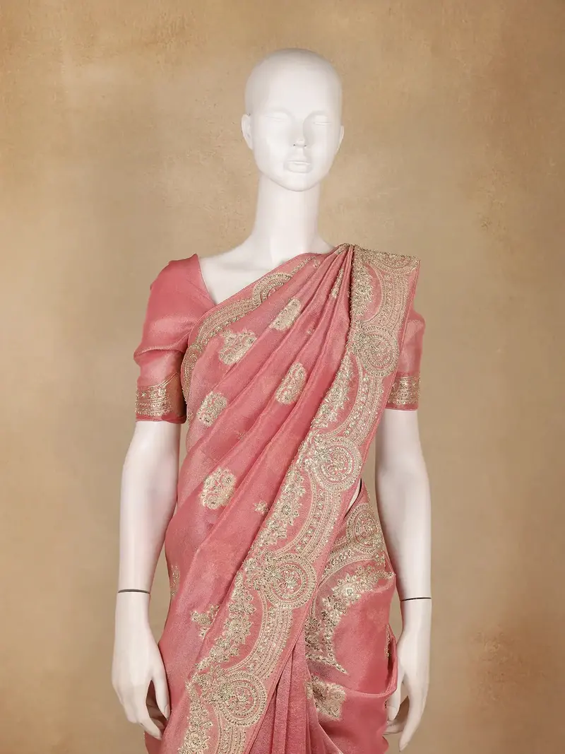 Peach Pink Floral Design Organza Silk Saree With Sequins And Zari Border 1