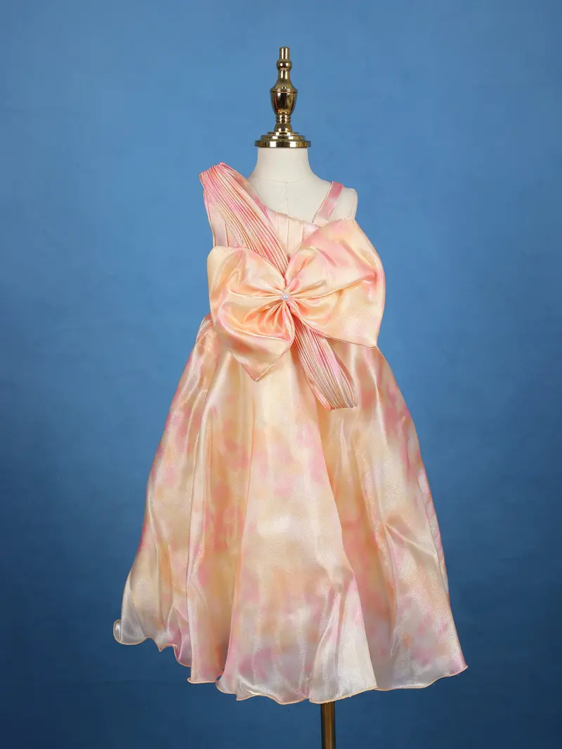 Peach Pink Floral Design Satin Party Frock 1