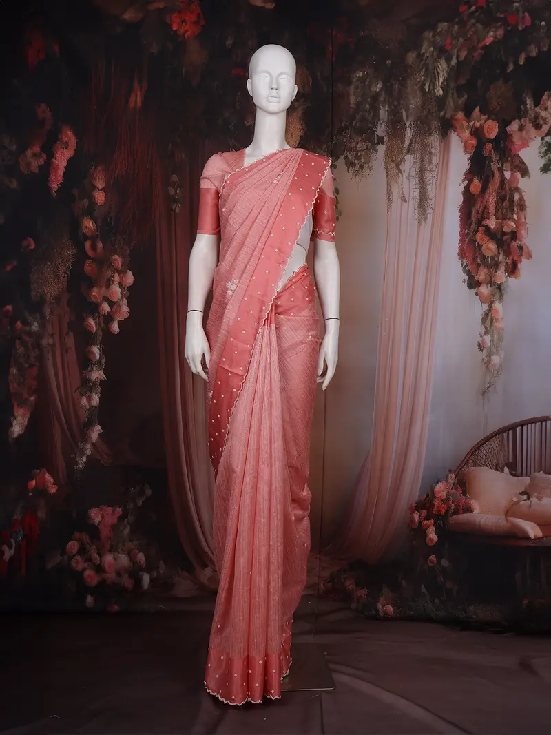 Peach Pink Floral Embroidered Raw Silk Saree 1
