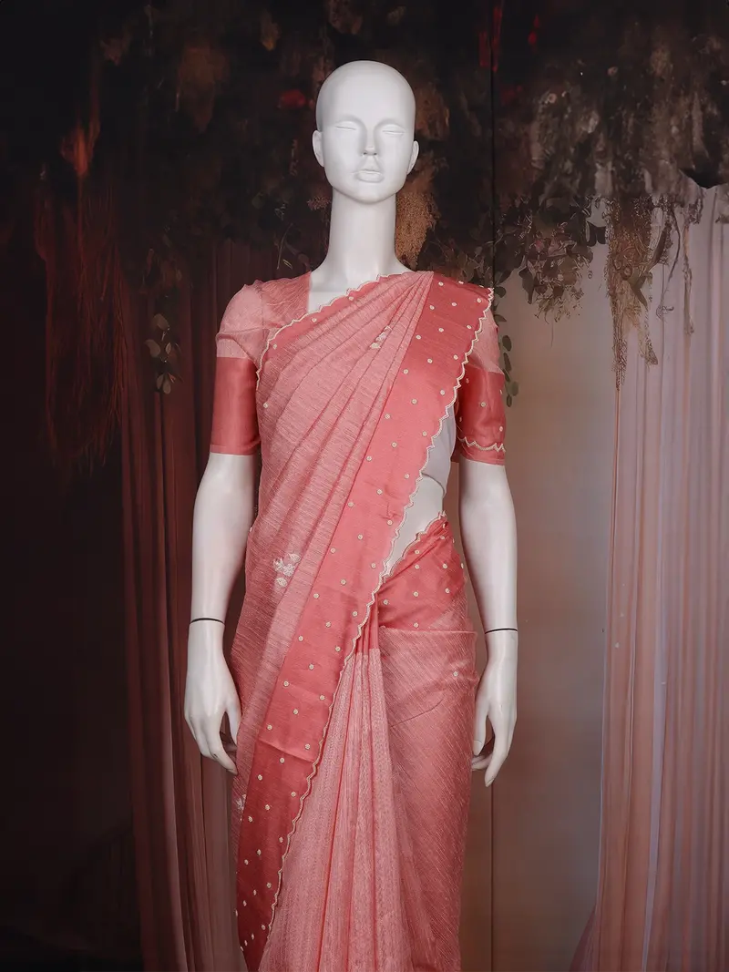 Peach Pink Floral Embroidered Raw Silk Saree 2