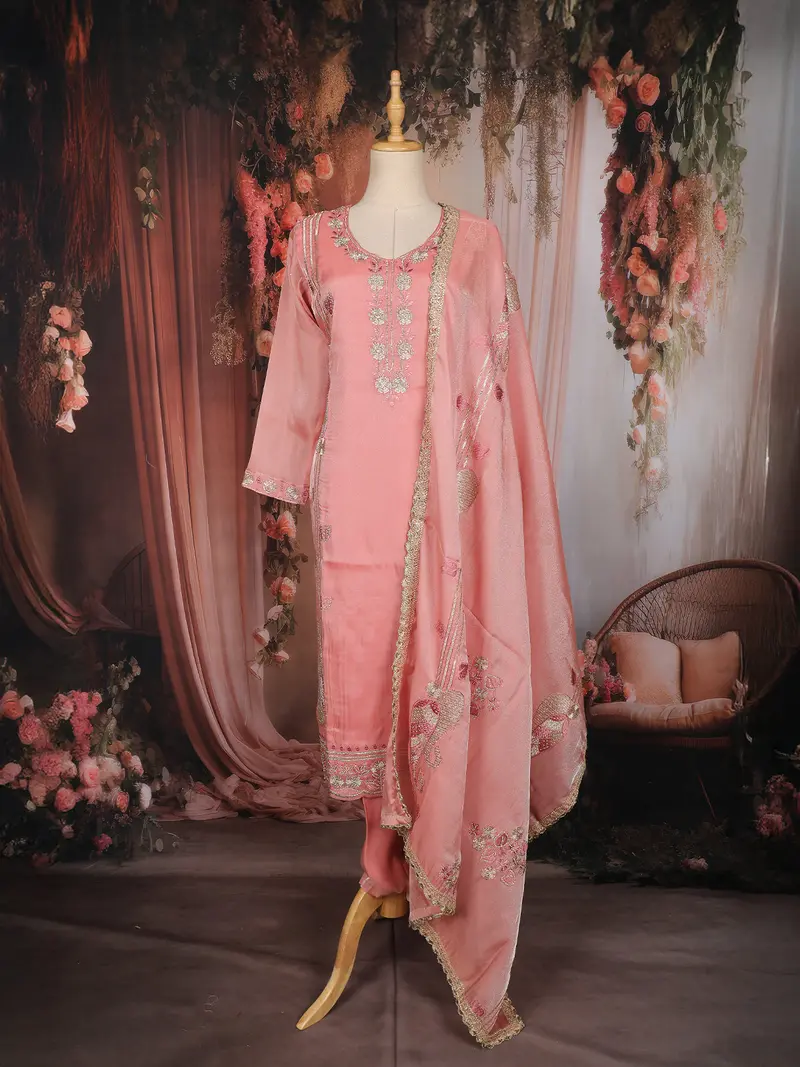 Peach Pink Floral Embroidered Tissue Organza Salwar Suit With Dupatta 1
