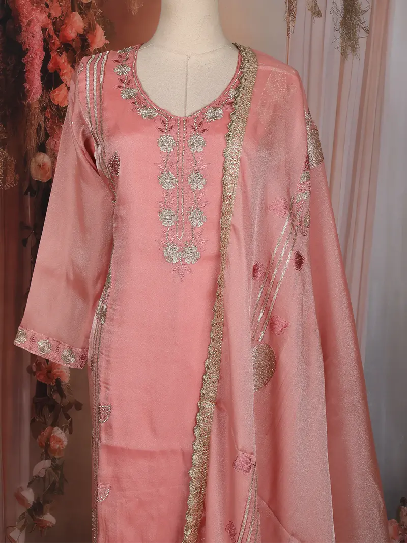 Peach Pink Floral Embroidered Tissue Organza Salwar Suit With Dupatta 2