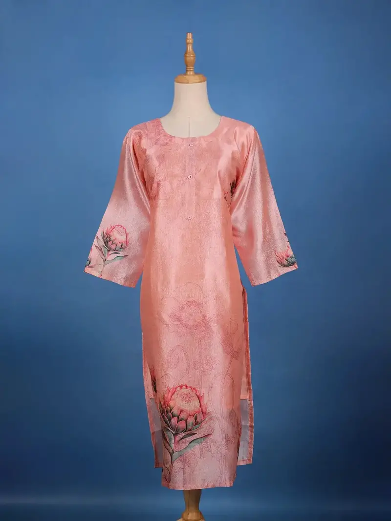 Peach Pink Floral Printed Cotton Kurti 1