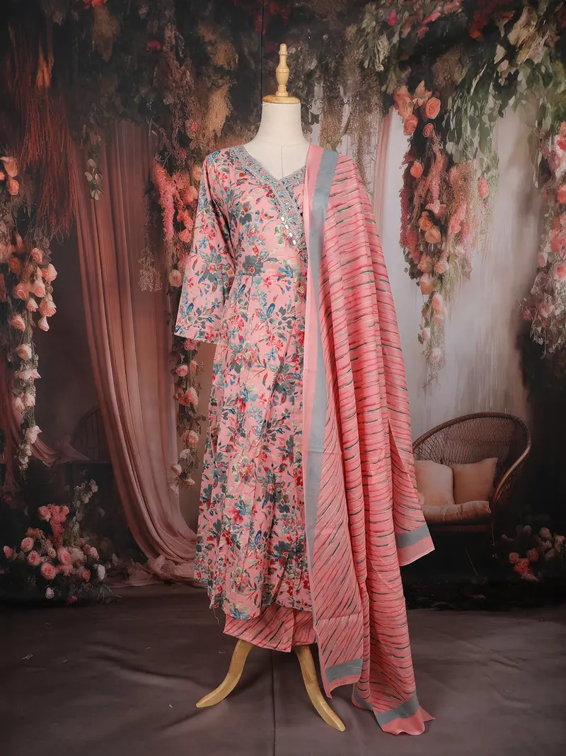 Peach Pink Floral Printed Cotton Salwar Suit With Dupatta 1
