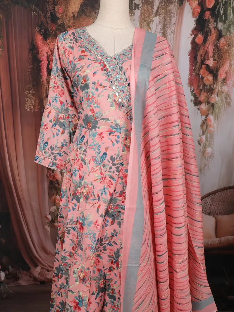 Peach Pink Floral Printed Cotton Salwar Suit With Dupatta 2