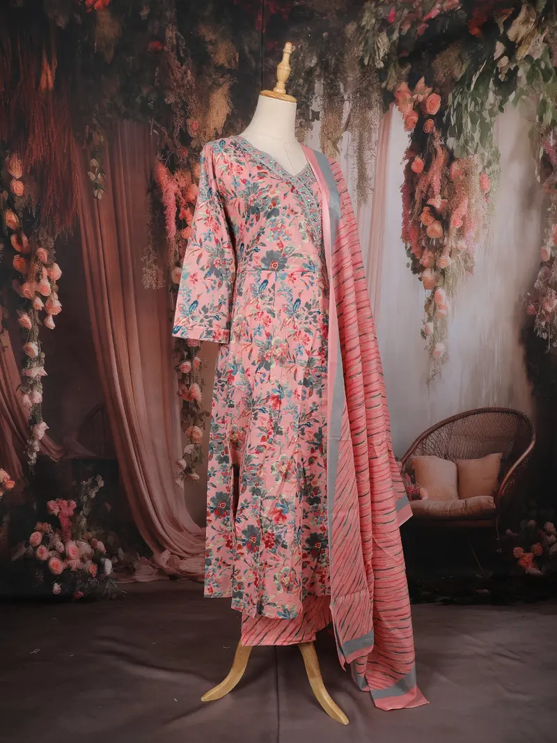 Peach Pink Floral Printed Cotton Salwar Suit With Dupatta 3
