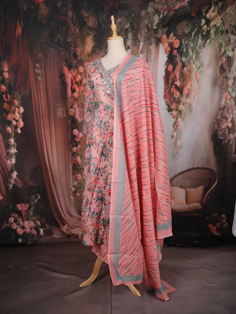 Peach Pink Floral Printed Cotton Salwar Suit With Dupatta 4