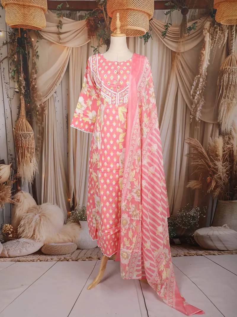 Peach Pink Floral Printed Design Cotton Anarkali Salwar Suit With Dupatta 1