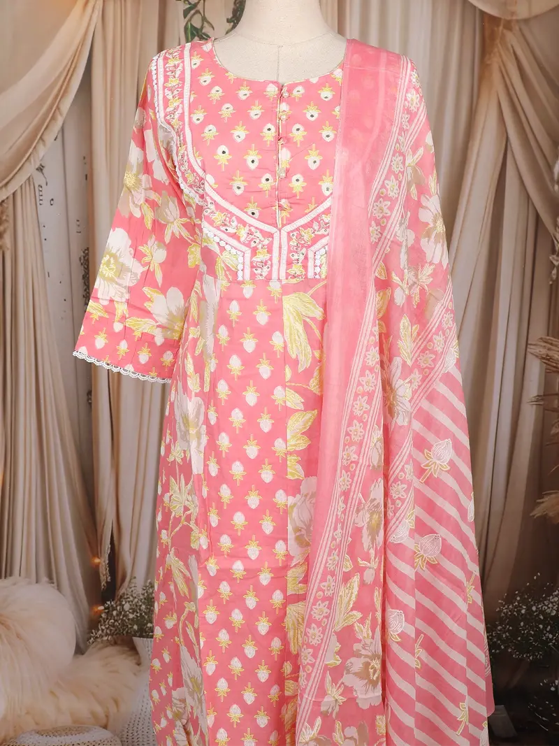 Peach Pink Floral Printed Design Cotton Anarkali Salwar Suit With Dupatta 2
