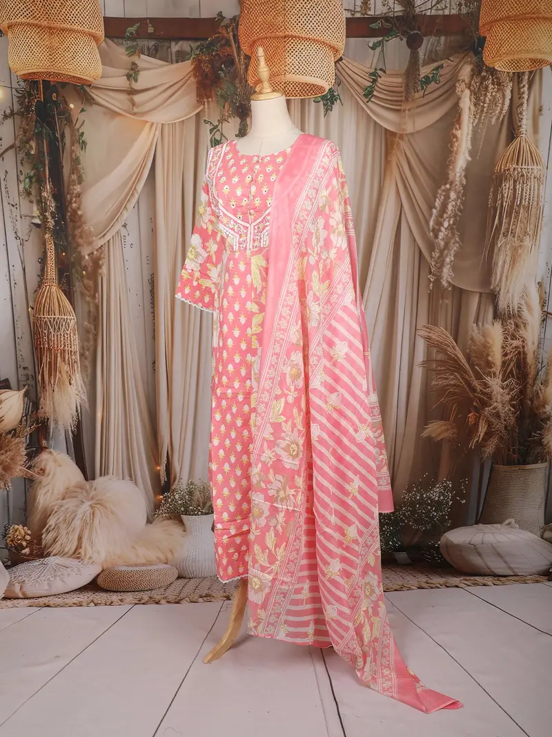 Peach Pink Floral Printed Design Cotton Anarkali Salwar Suit With Dupatta 3