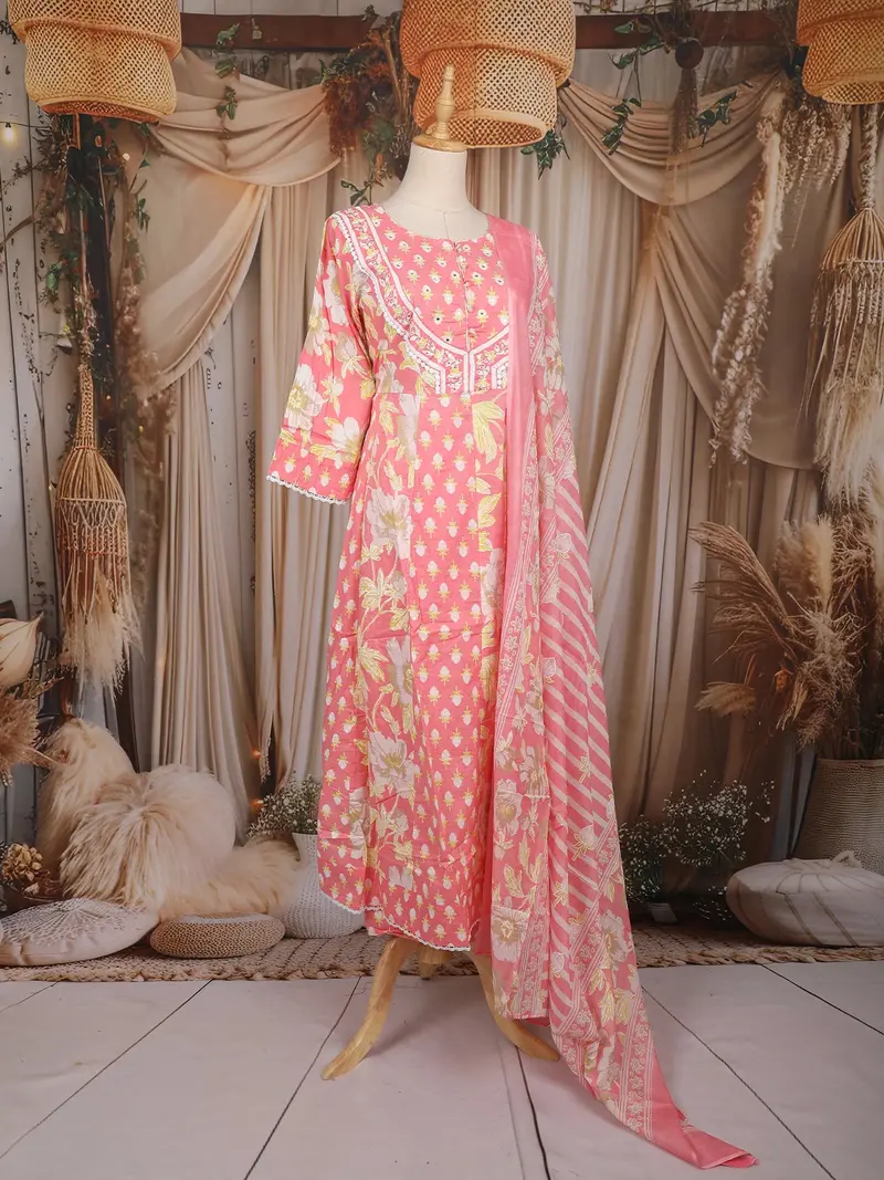 Peach Pink Floral Printed Design Cotton Anarkali Salwar Suit With Dupatta 4