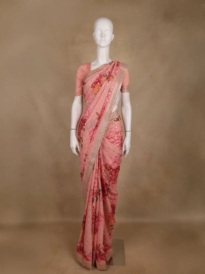 Peach Pink Floral Printed Design Georgette Saree 1