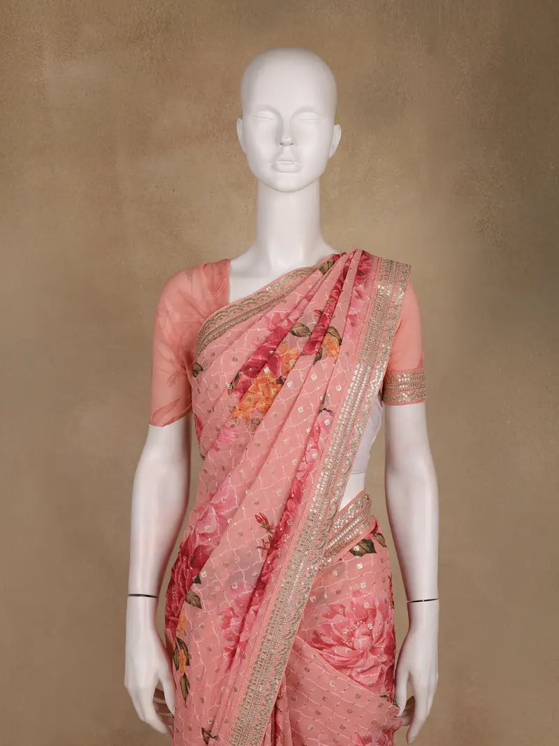 Peach Pink Floral Printed Design Georgette Saree 2