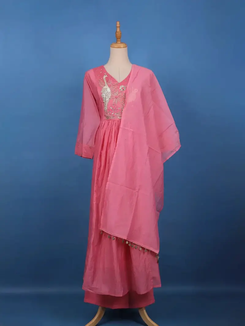 Peach Pink Floral Sequin Embroidery Silk Cotton Salwar Suit 1