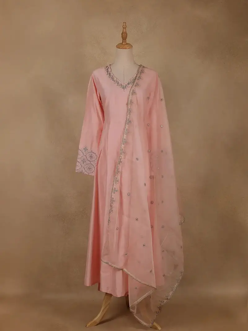 Peach Pink Floral Sequins Embroidery Silk Cotton Salwar Suit 1