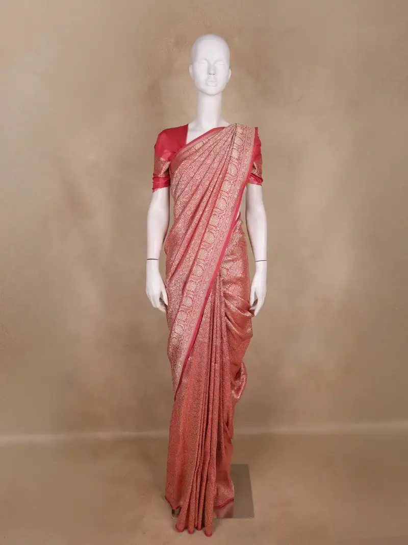 Peach Pink Floral Woven Design Pure Banarasi Saree 1