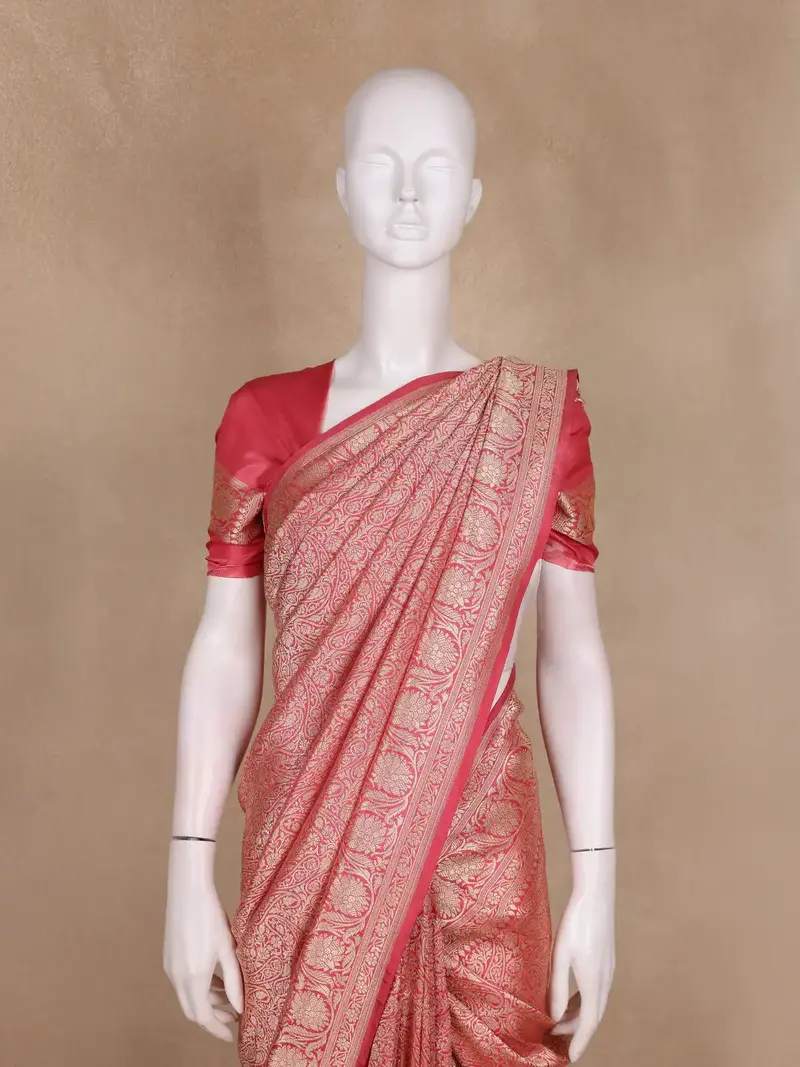 Peach Pink Floral Woven Design Pure Banarasi Saree 2