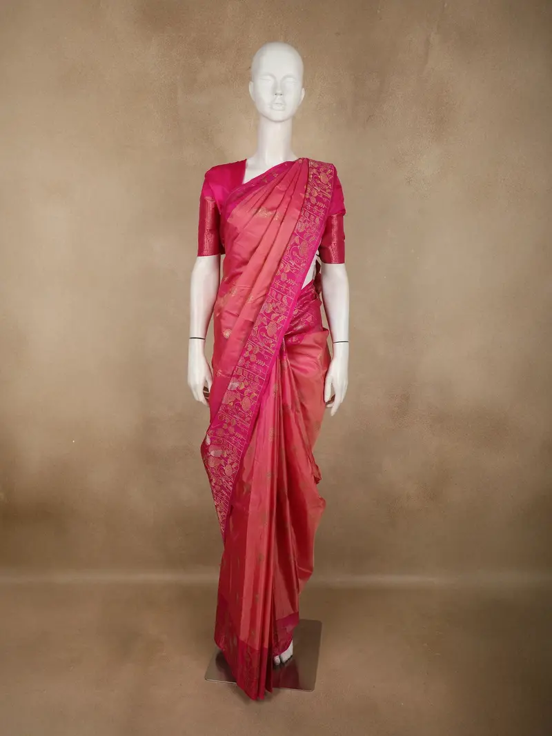 Peach Pink Floral Woven Design Pure Kanchipuram Silk Saree With Contrast Floral Zari Border 1