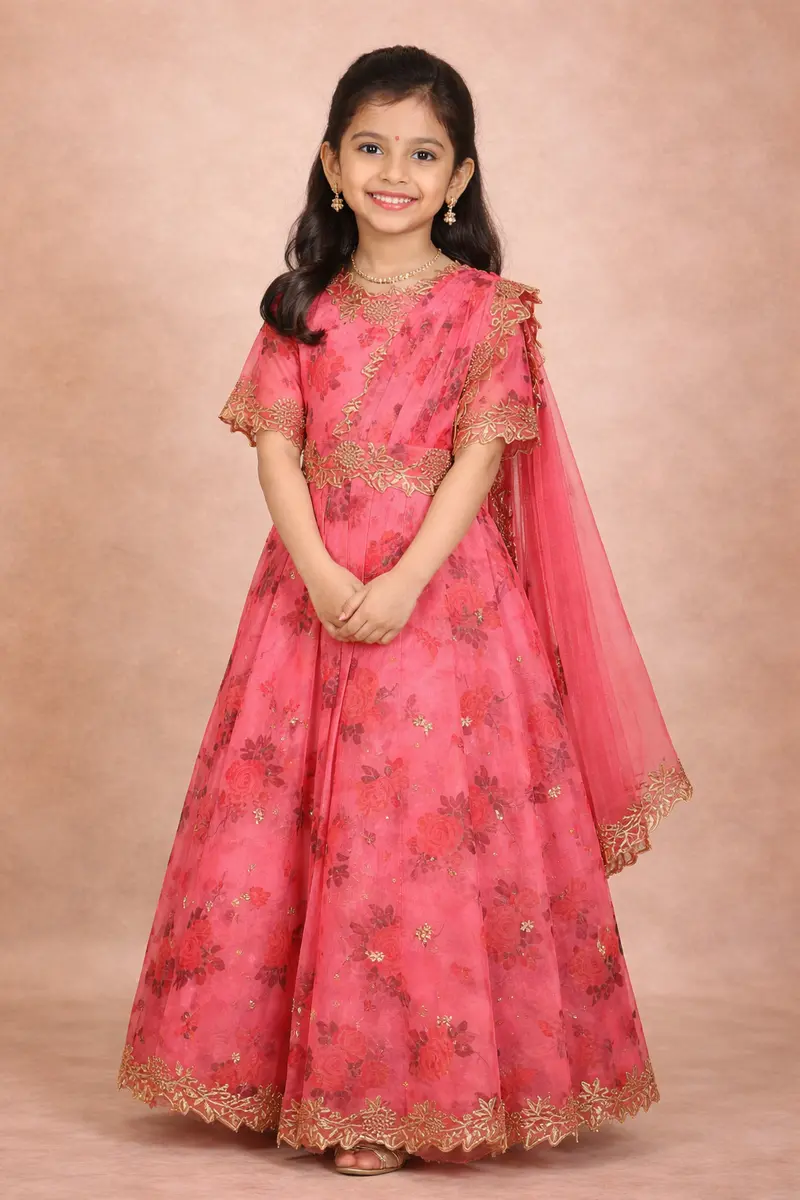 Peach Pink Floral Woven Design Tissue Silk Kids Lehenga With Dupatta 1