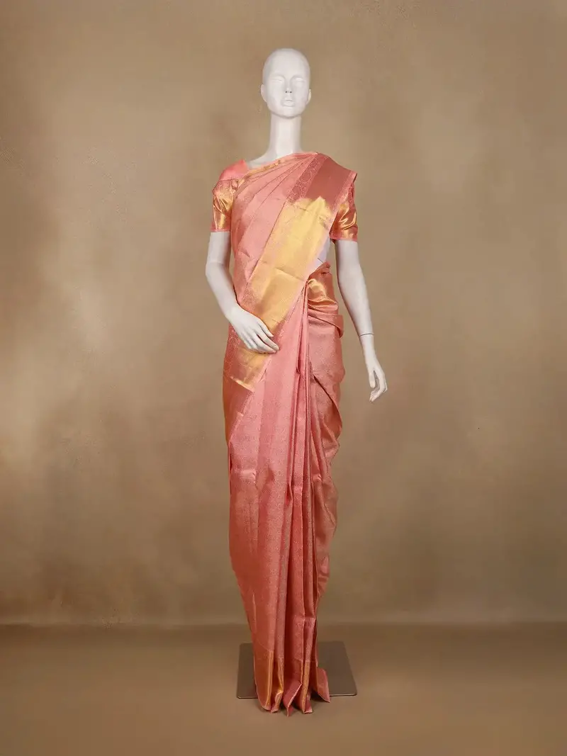 Peach Pink Floral Woven Pure Kanchipuram Silk Saree 1