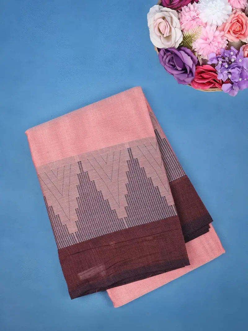 Peach Pink Geometric Design Pure Cotton Saree 1
