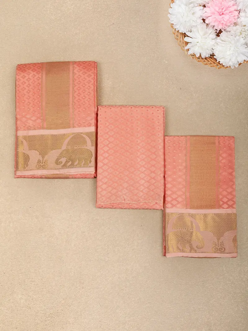 Peach Pink Geometric Woven Design Unstitched Shirt With Matching Dhoti Set With Elephant Zari Border 1