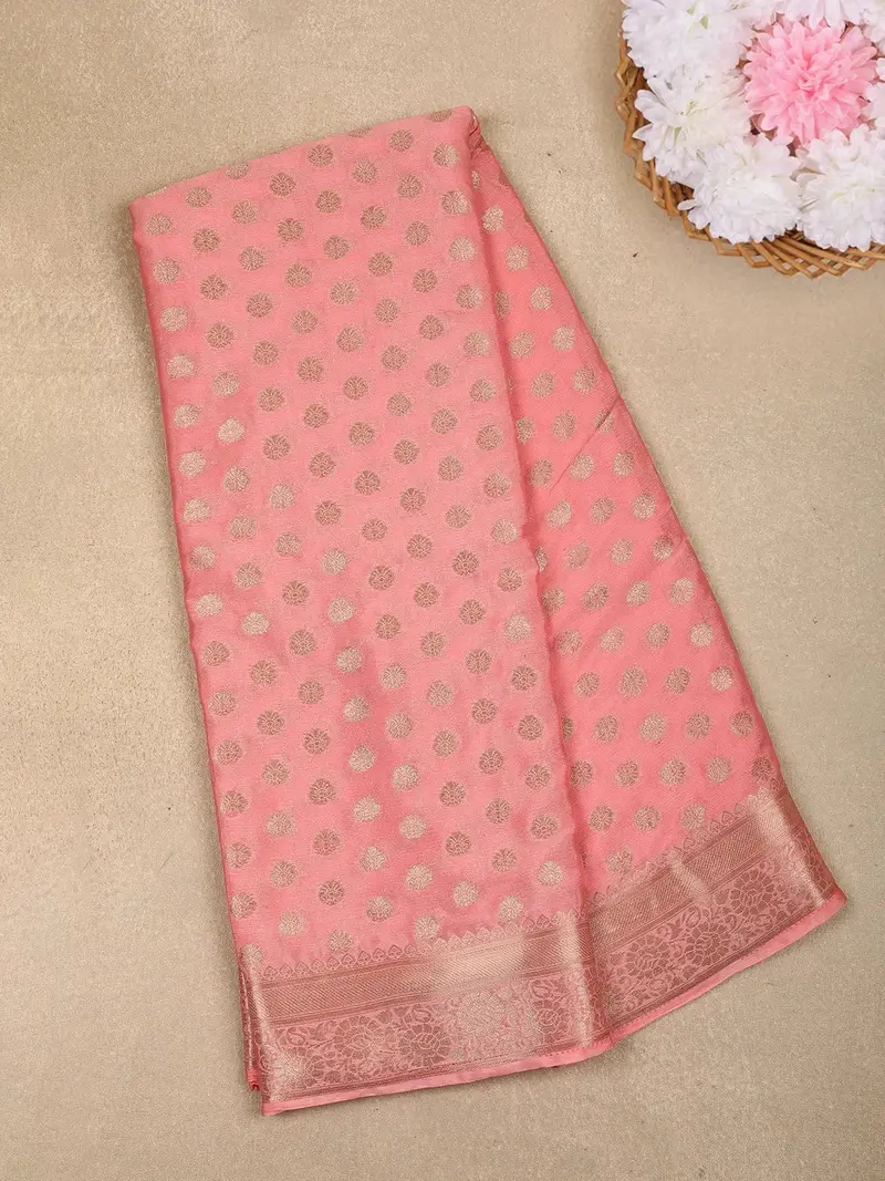Peach Pink Leaf Butta Design Chiffon Saree 1