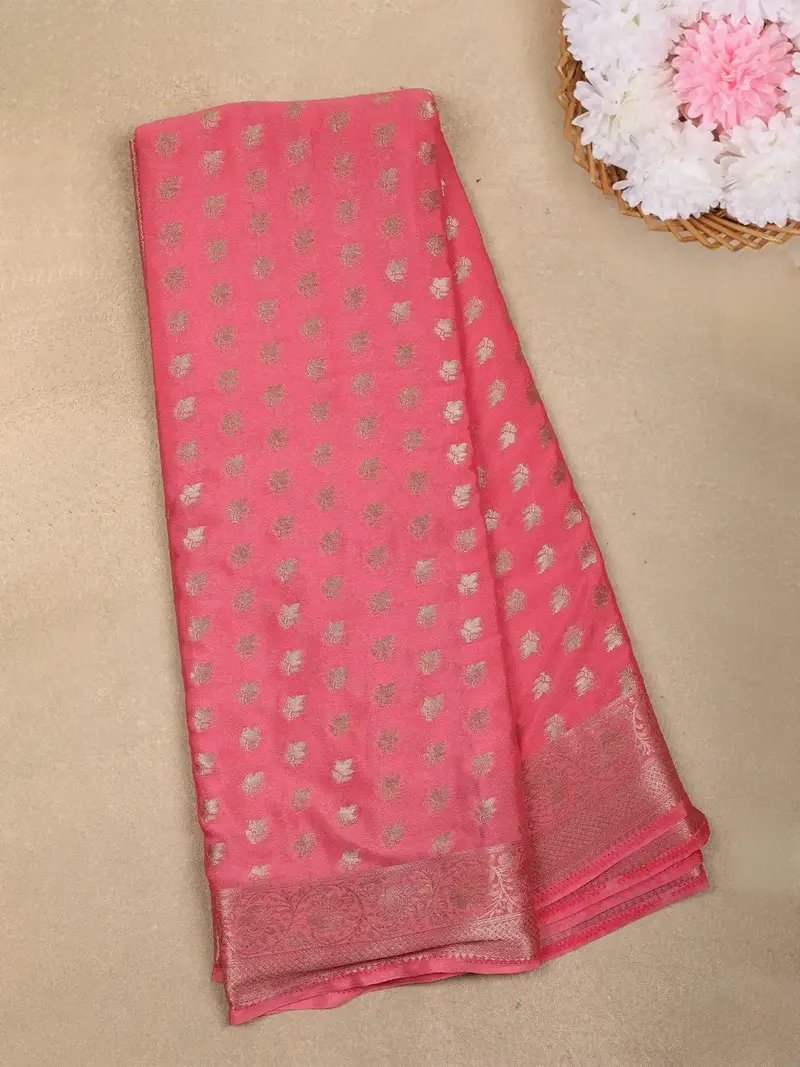 Peach Pink Leaf Butta Design Chiffon Saree 1