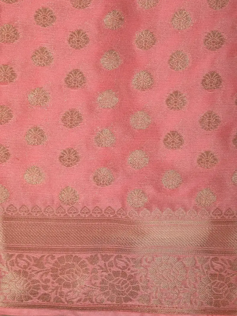 Peach Pink Leaf Butta Design Chiffon Saree 2